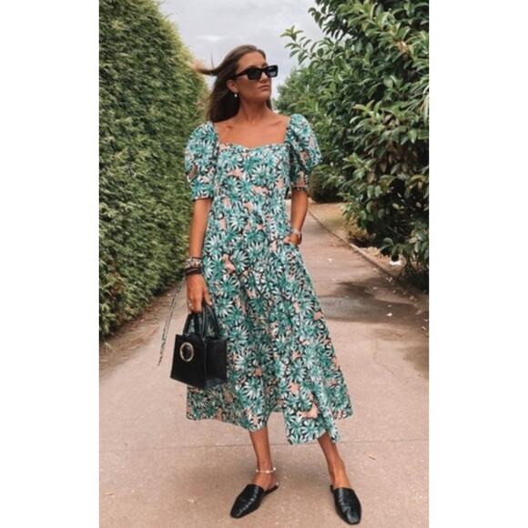 Zara Floral Side Cut-Out Poplin Puff Sleeve Midi Dress Green Pink Size Medium - Picture 1 of 14